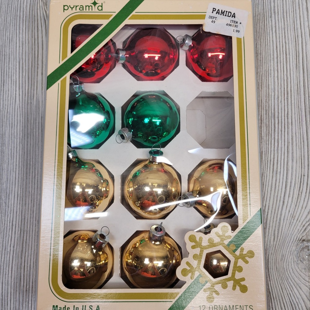 11 Christmas Ornaments Solid Red Green Gold Glass Ball Tree Decor Vtg‎